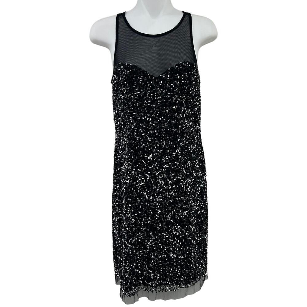NWT Aidan Mattox Black Silver Mesh Sequin Cocktail Dress Womens Size 2